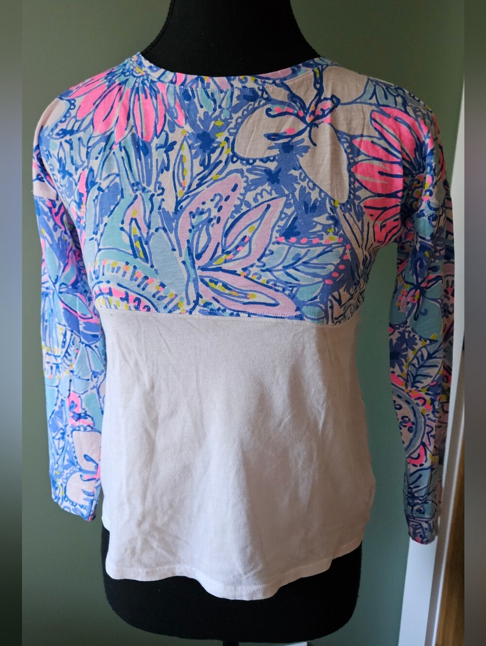 Lilly Pulitzer Blue & Pink Floral Colorblock Long Sleeve Tee